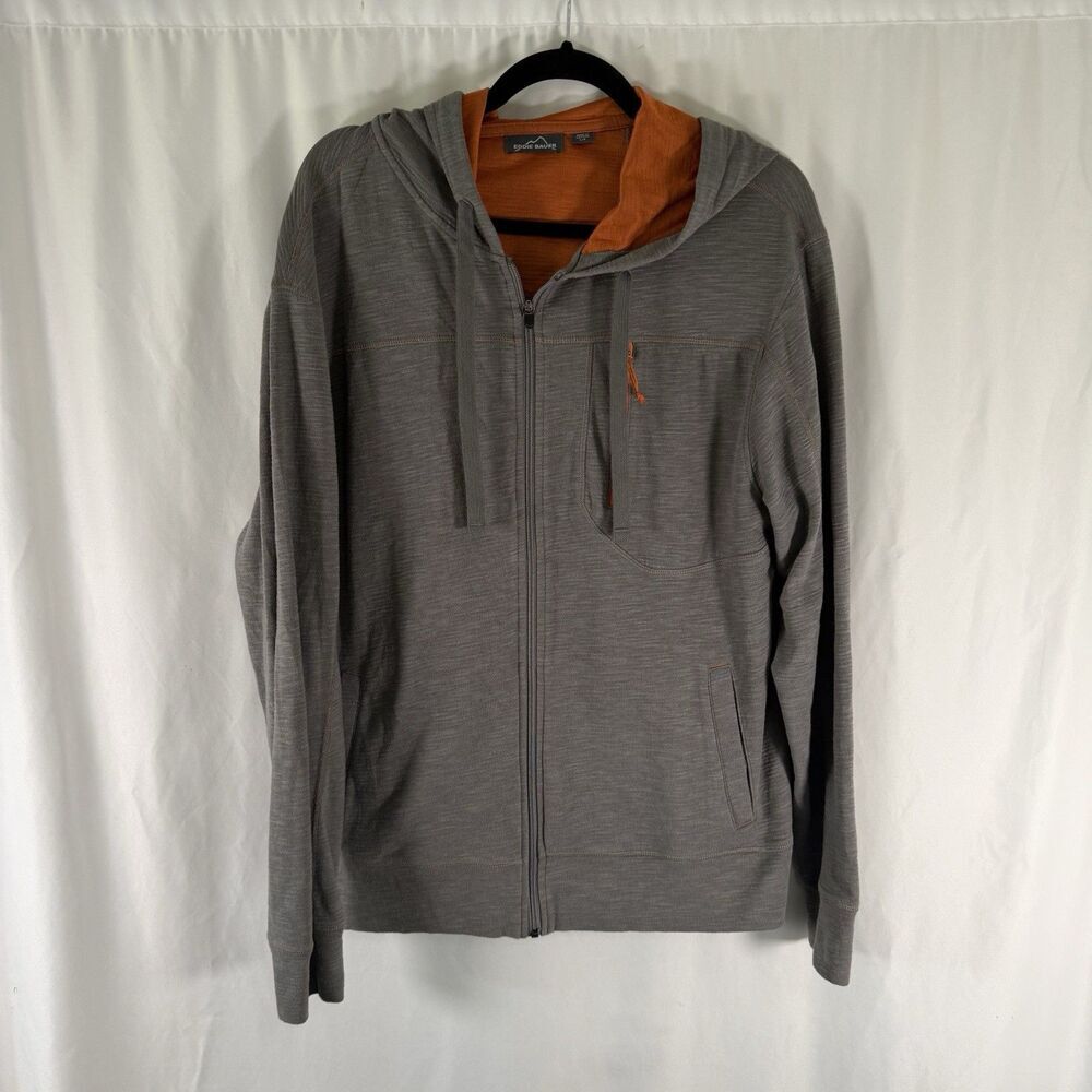 Eddie Bauer Hoodie Men's Large Grey Orange Full Zip Hooded Long Sleeve